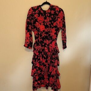 Elegant Floral Long Sleeve Dress in Black and Red